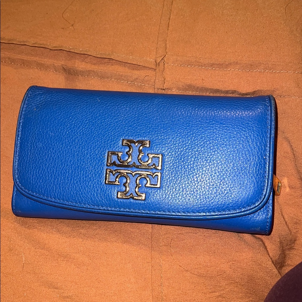 Tory Burch Gold Logo Blue Wallet